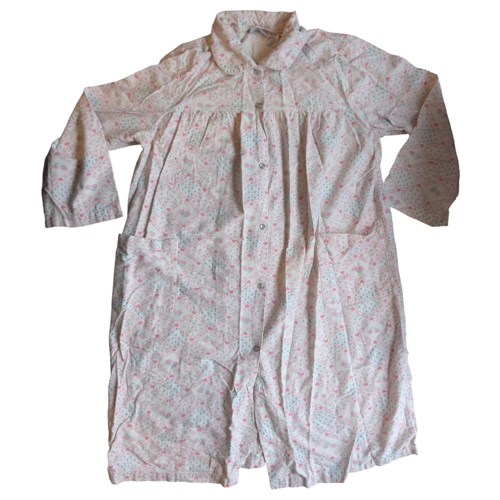 Vintage Blair Pink Blue Floral Snap Front Cotton Housecoat Nightgown Robe Large